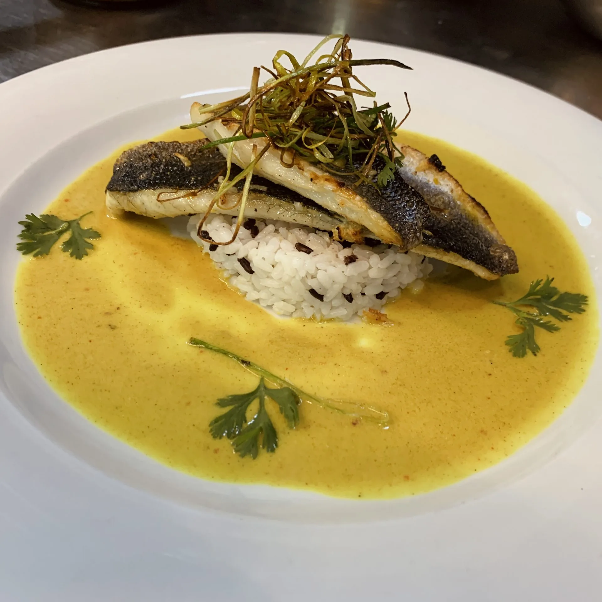 Grilled Sea Bass with curry sauce